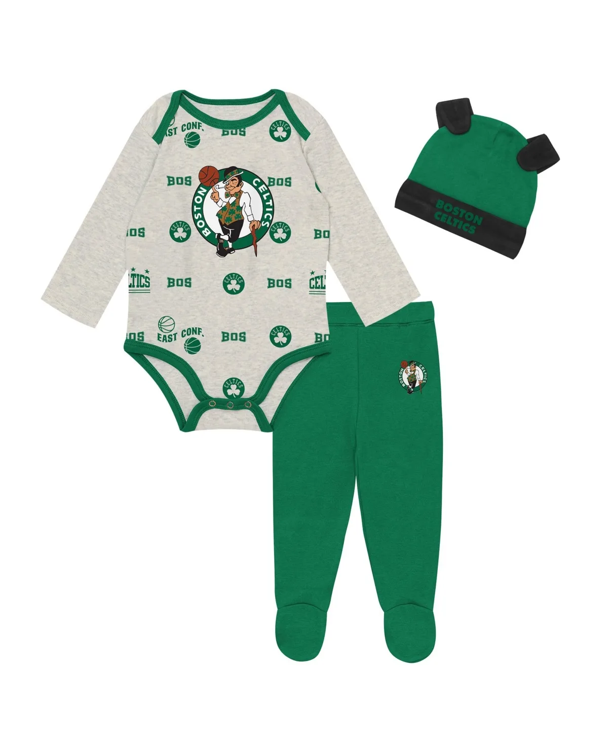 Boston Celtics Pinch Post Bodysuit, Pants Cuffed Knit Hat Set by Outerstuff