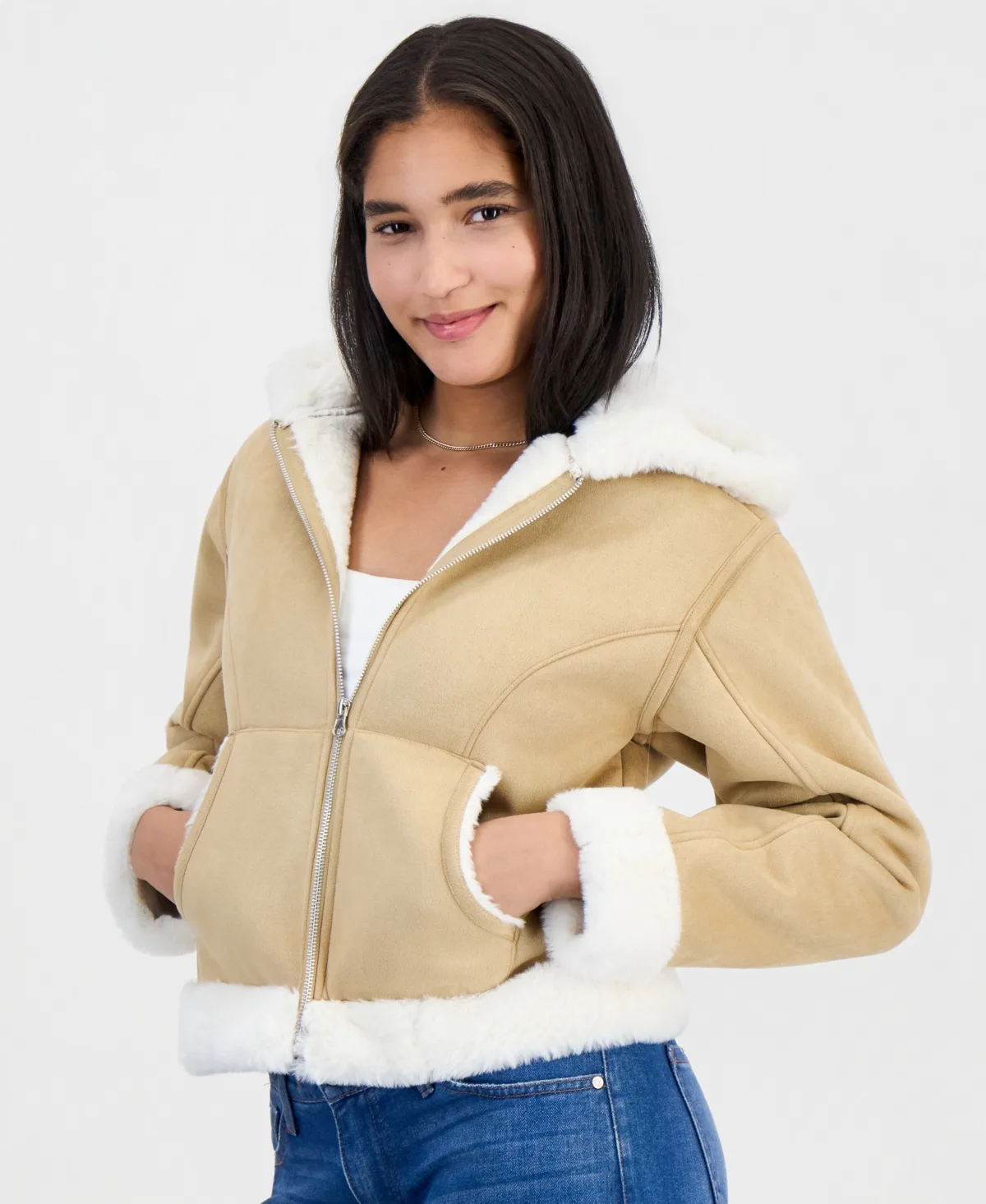 Hooded Faux-Suede Sherpa-Lined Jacket by Sincerely Jules