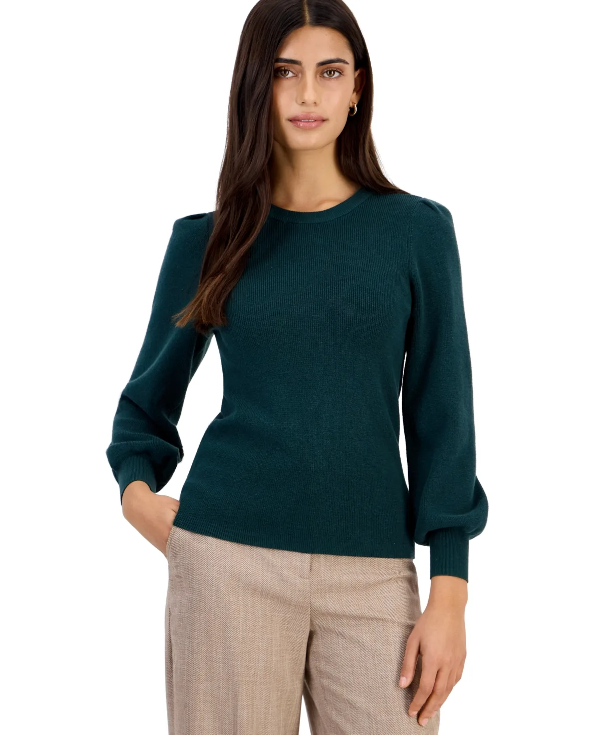 Essentials Crewneck Puff Sleeve Fitted Sweater by Anne Klein