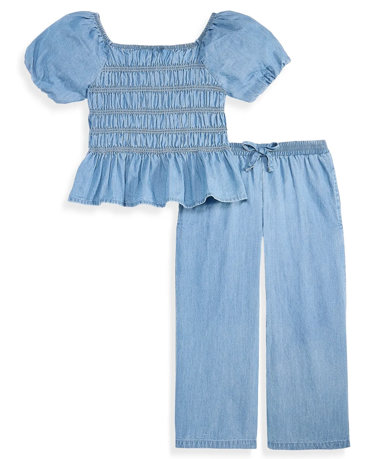 Smocked Puff-Sleeve Chambray Top and Pants, 2-Piece Set by Epic Threads