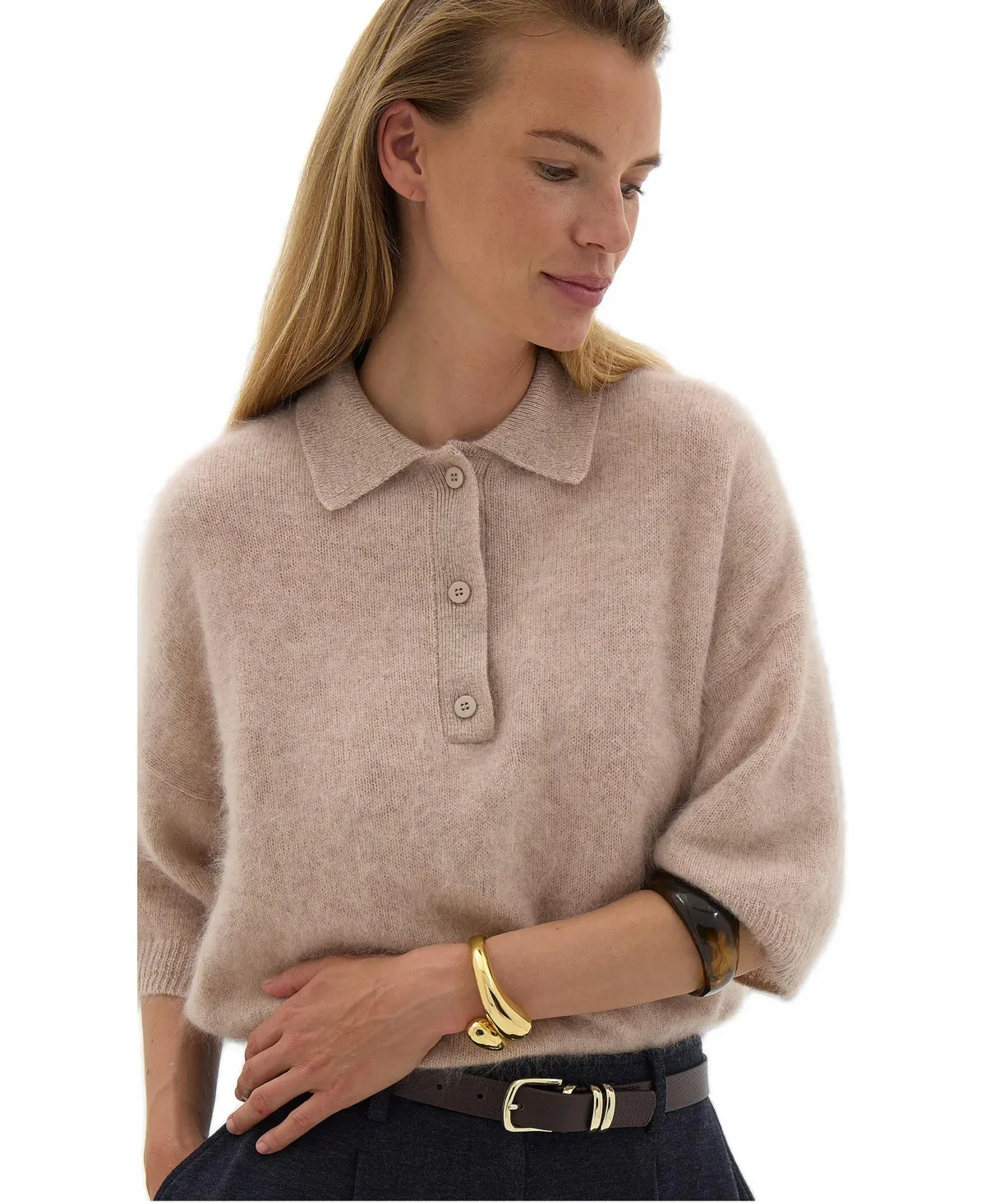 Ziggy Brushed Wool 3/4-Sleeve Polo by Hush