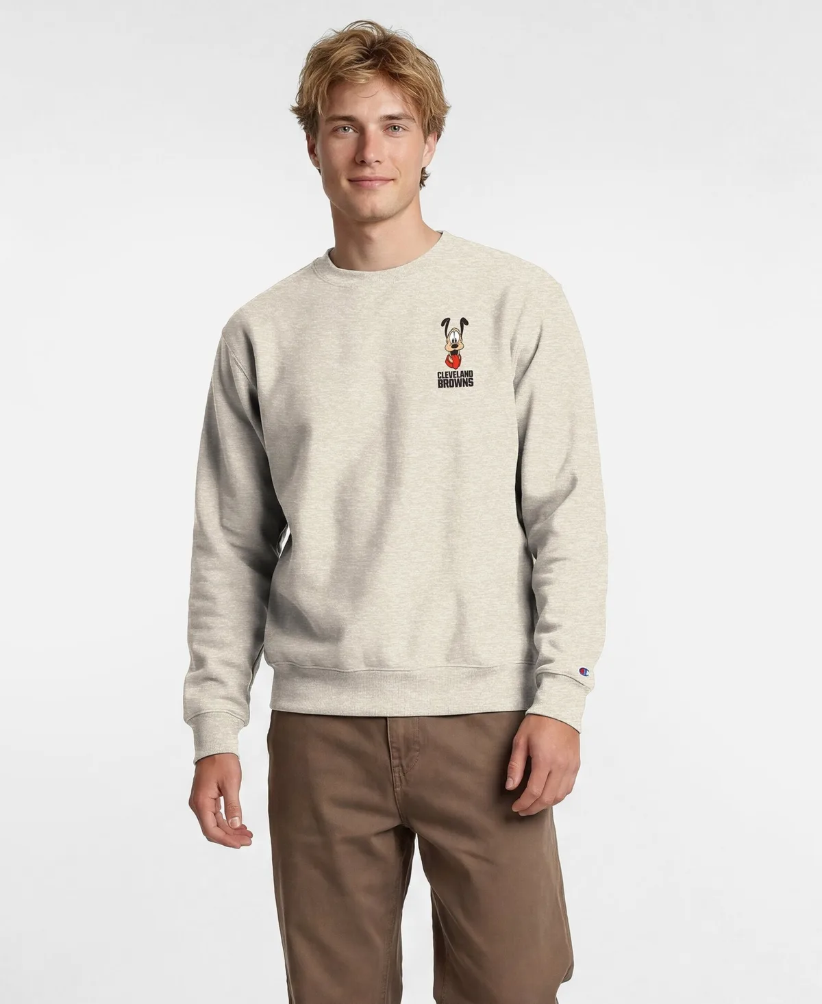Disney x Oatmeal Cleveland Browns Power Blend Left Chest Fullback Crew Sweatshirt by Champion