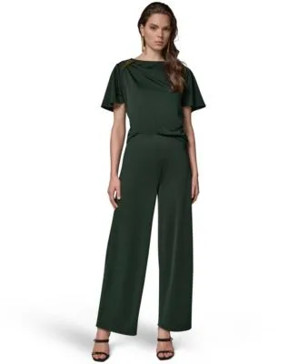 Petite Ruched Side Short Sleeve Top Wide Leg Pull on Pants by Donna Karan New York