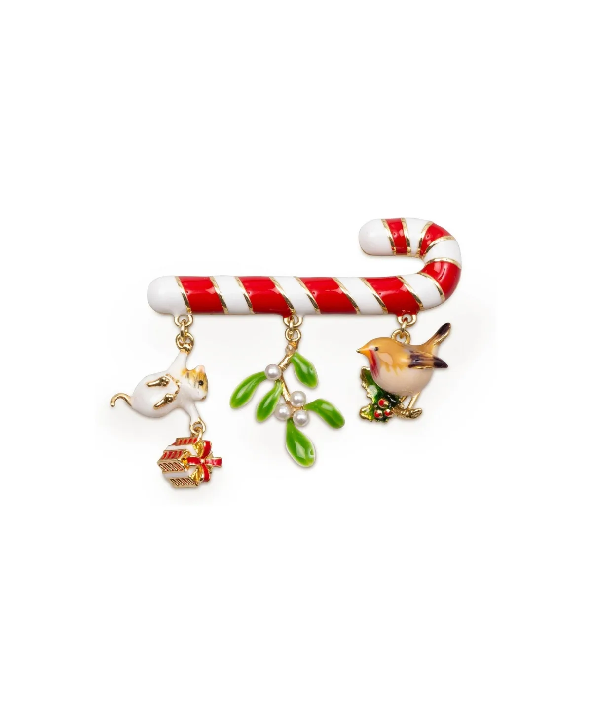 Gold-Tone Crystal Candy Cane Charm Brooch by Bill Skinner Studio