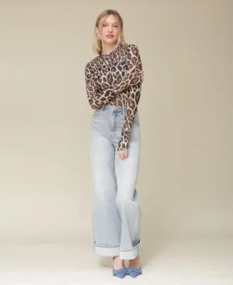 Leopard Printed Long Sleeve Mesh Top Cuffed High Rise Wide Leg Jeans by Avec Les Filles