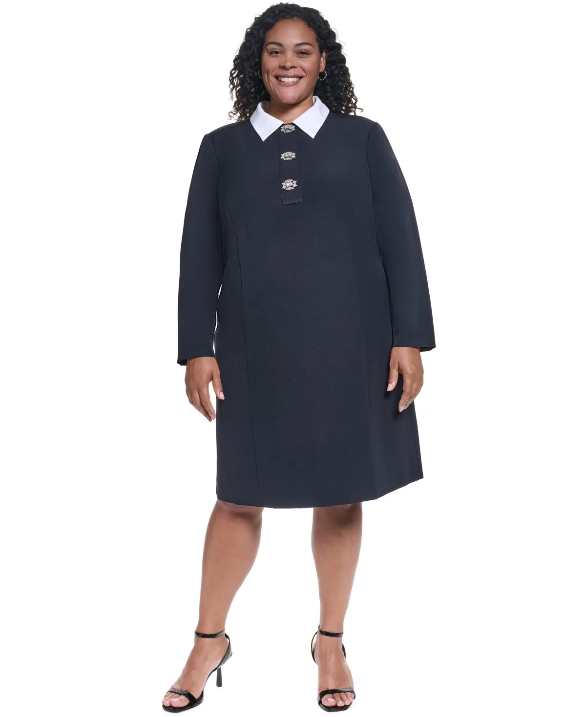 Button-Front Collar Shift Long-Sleeve Knee-Length Dress by Eliza J