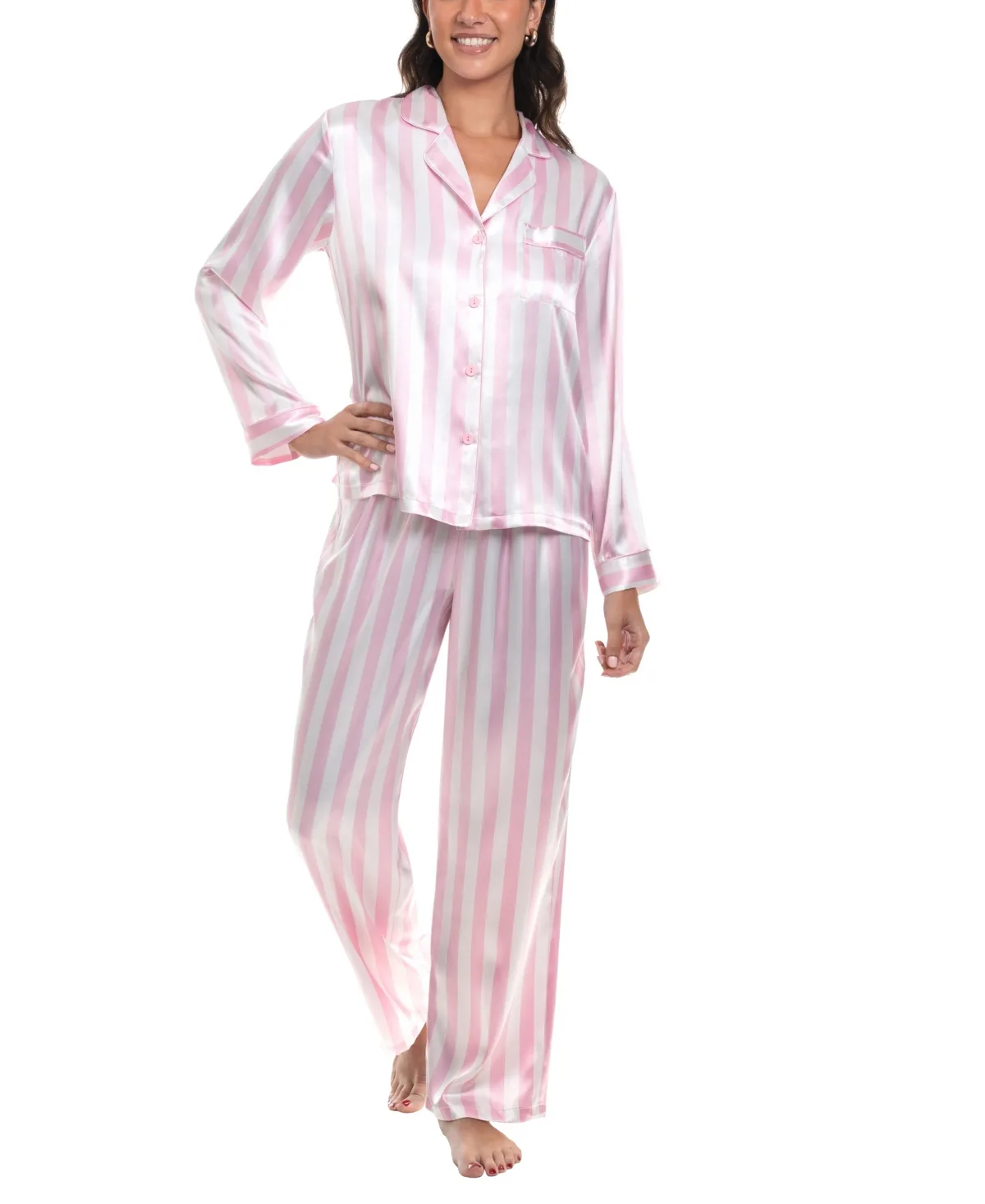 Satin Stripe Long-Sleeve Top and Pants, 2-Piece Set by Linea Donatella