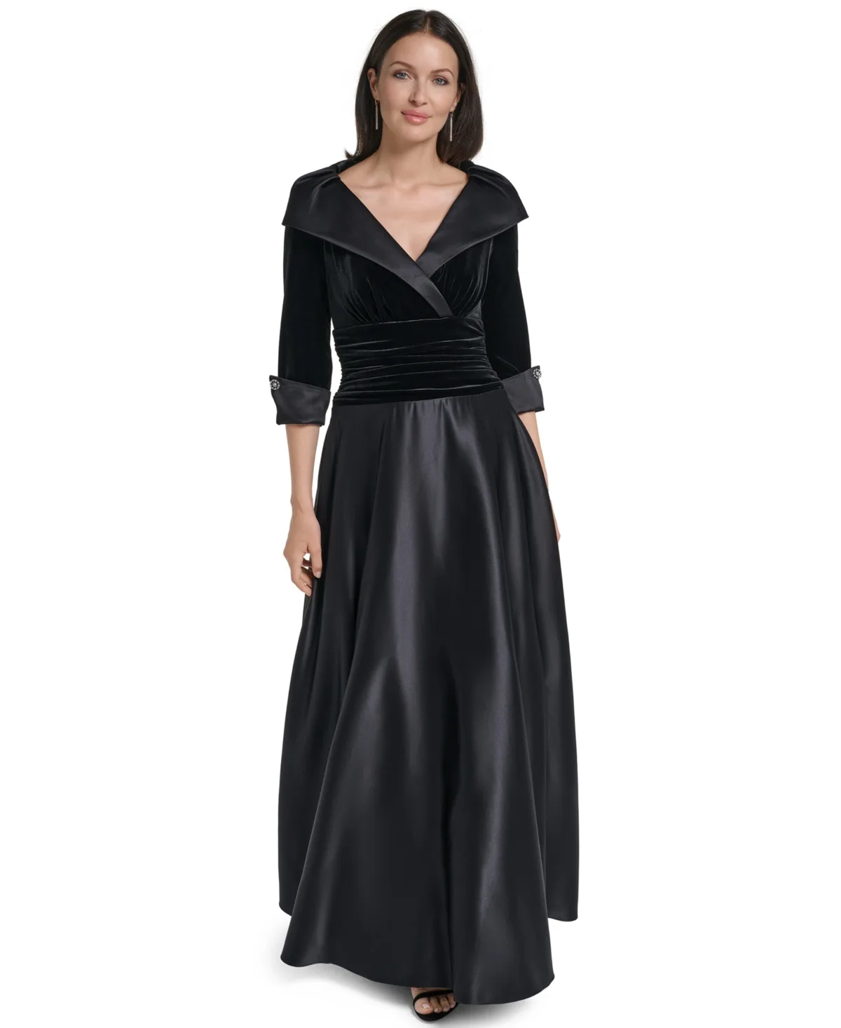 Portrait Collar 3/4-Sleeve Ruched Waist Gown by Jessica Howard