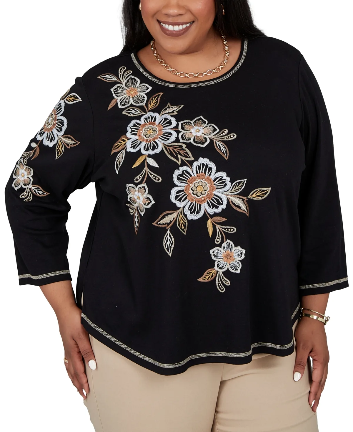 3/4-Sleeve Crewneck Floral-Embroidered Blouse by Alfred Dunner