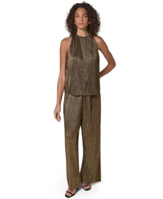 Crinkle Pleated Shoulder Halter Top Pull on Wide Leg Pants by Donna Karan New York