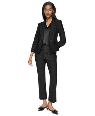 One Button Notch Collar Jacket Ponte High Rise Front Zip Pants Mix Media V Neck Sleeveless Pull on Top by DKNY