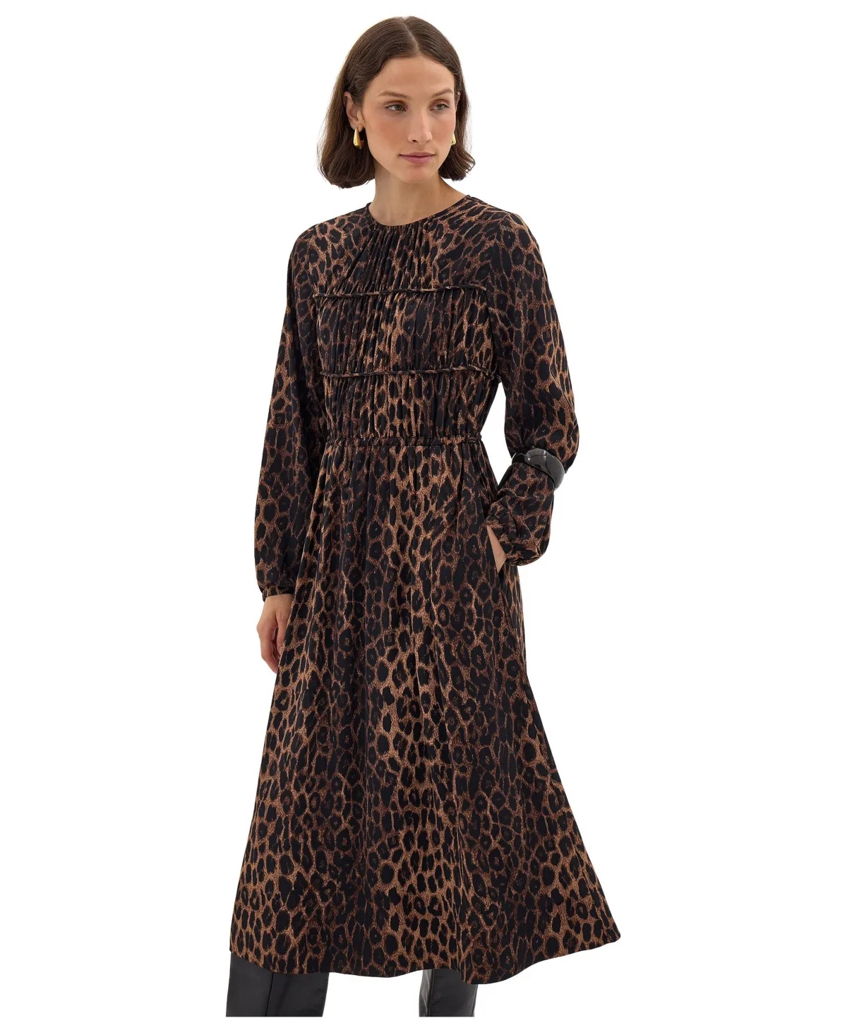 Leopard-Print Volume-Sleeve A-Line Midi Dress by Hush