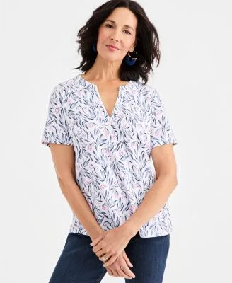 Printed Short Sleeve Split Neck Top by Style & Co