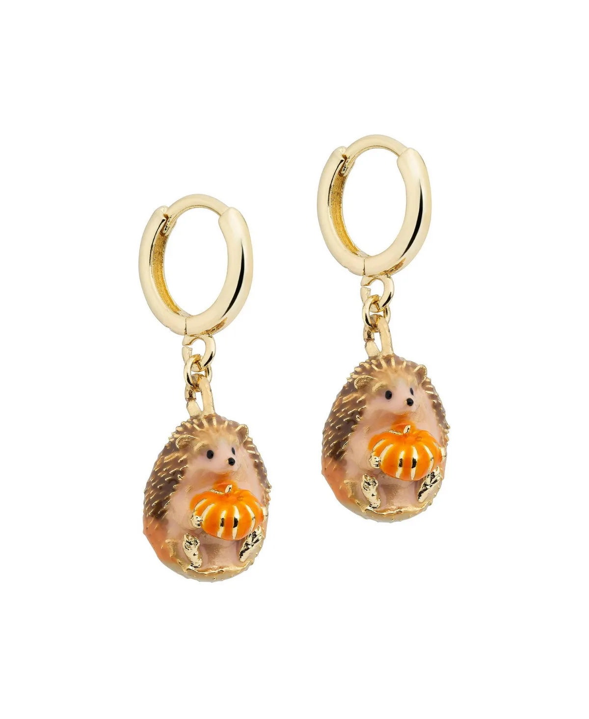 Gold-Tone Hand-Painted Hedgehog and Pumpkin Huggie Earrings by Bill Skinner Studio