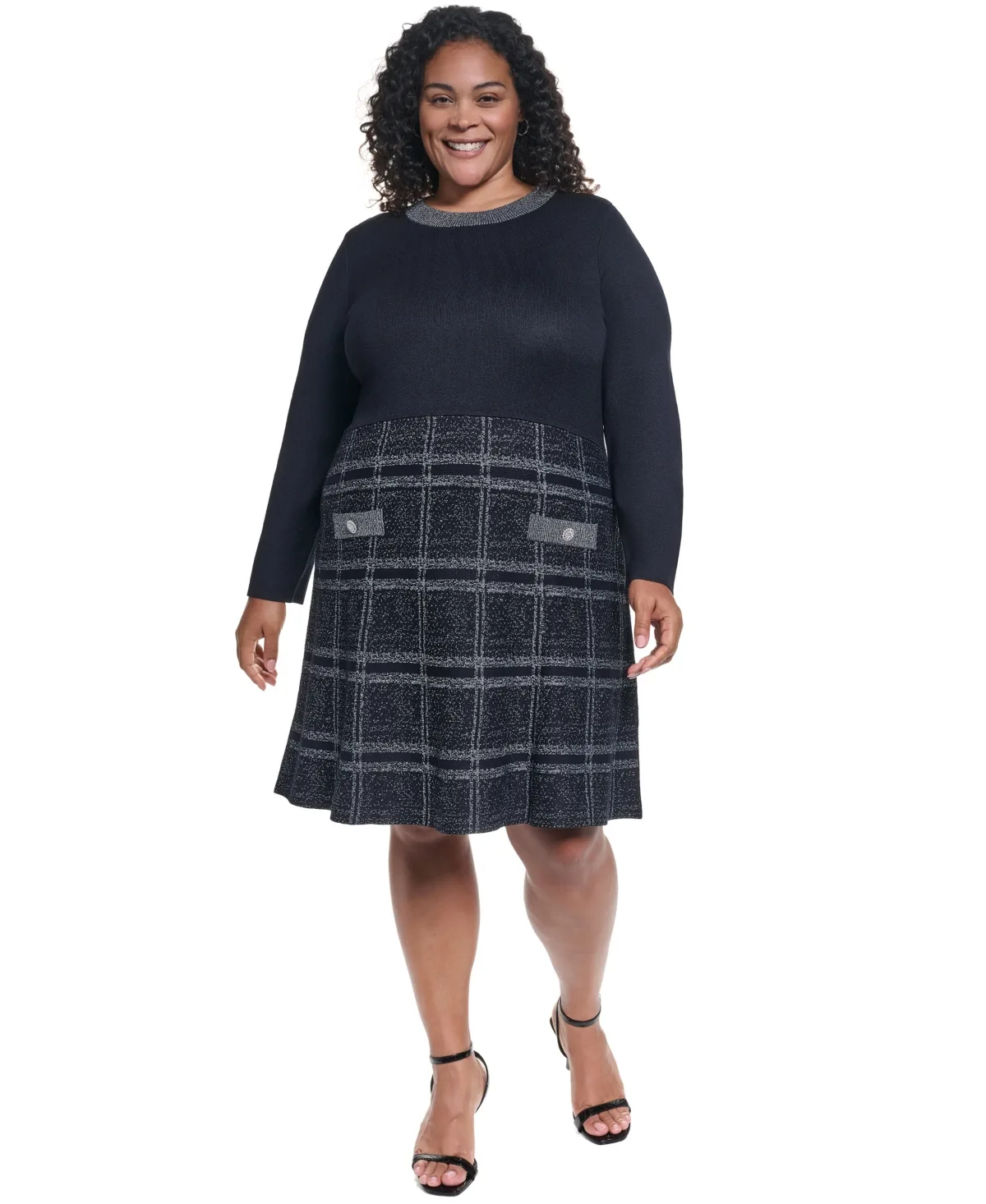 Eliza J Plaid Fit and Flare Long-Sleeve Dress by Eliza J