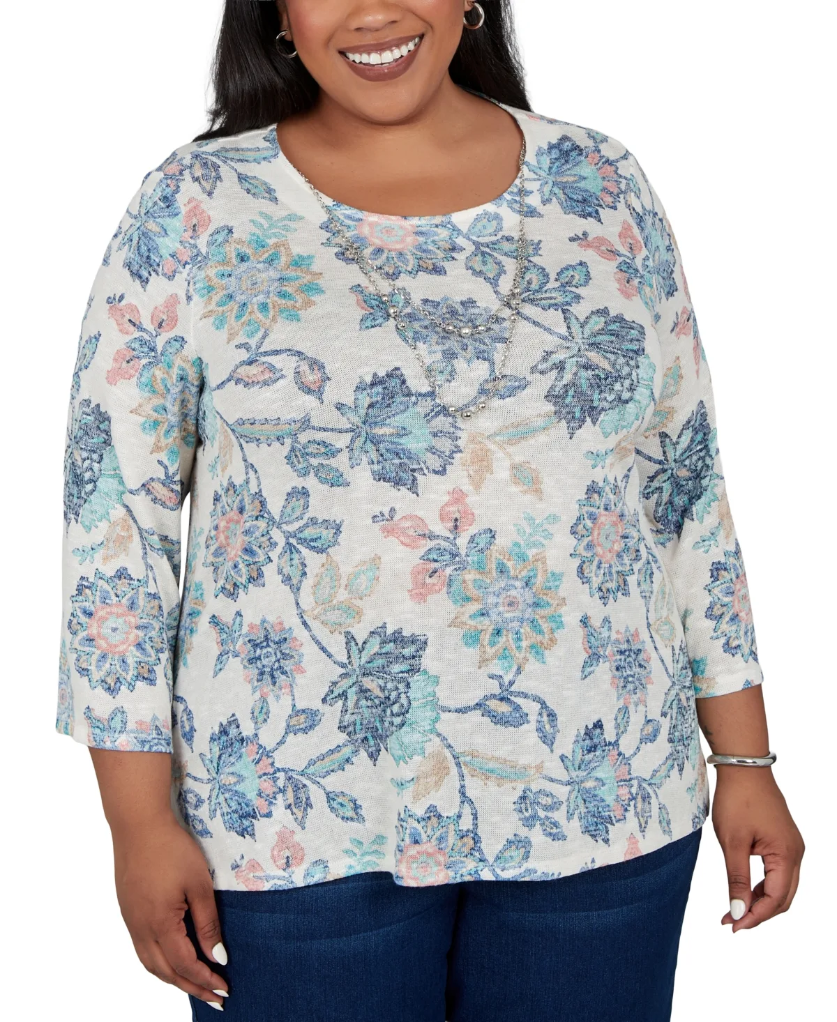 Floral-Print 3/4-Sleeve Crewneck Blouse by Alfred Dunner