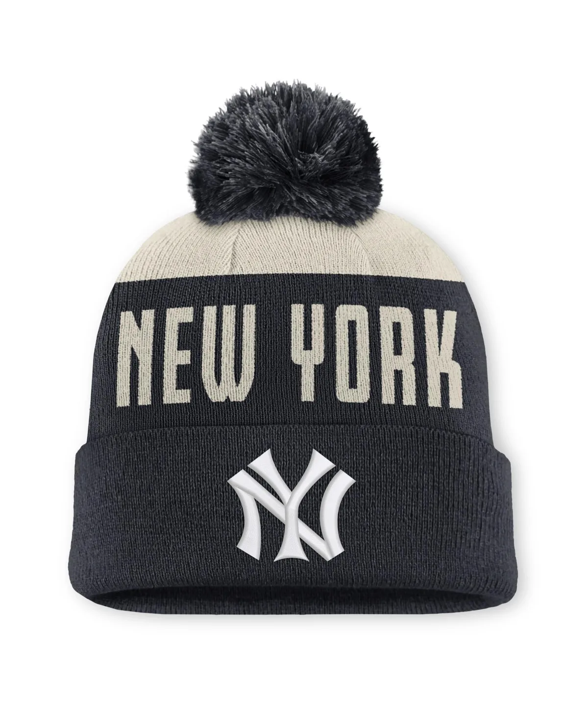 Natural/Navy New York Yankees Cooperstown Collection Peak Standard Cuffed Knit with Pom Hat by Nike
