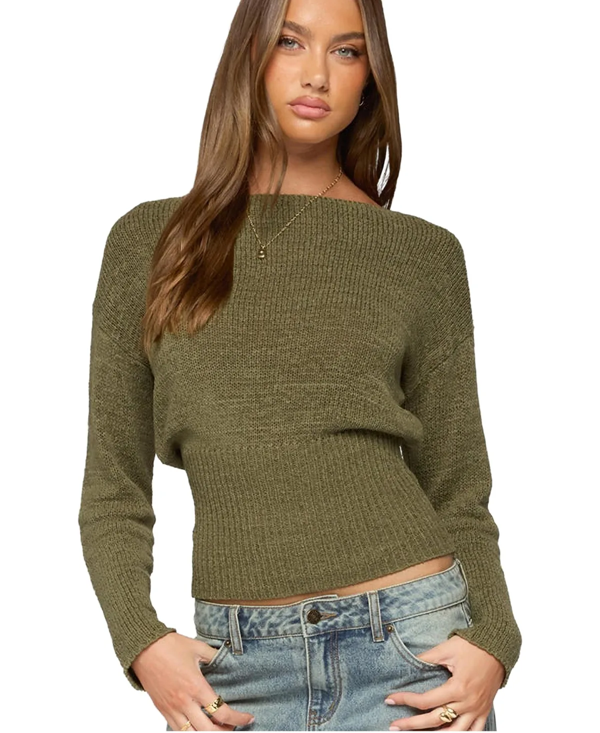 Tezi Boat Neck Long Sleeve Fitted Knit Top by Edikted