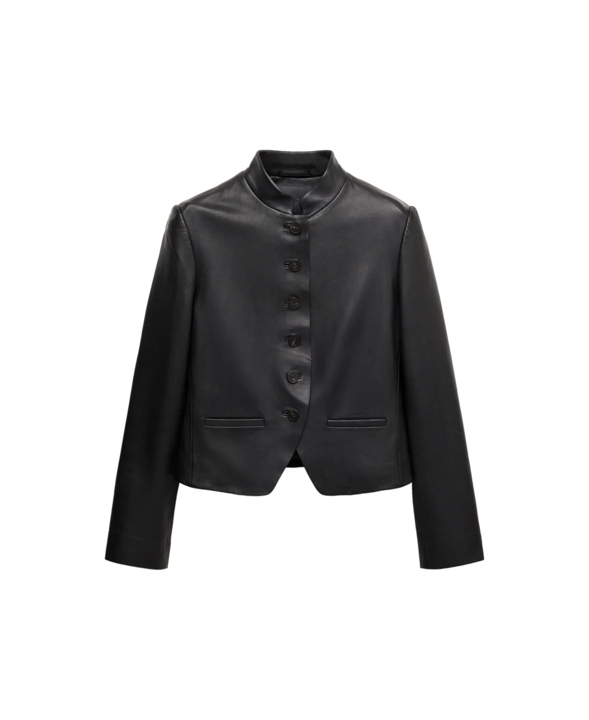 Negroni Band Collar Sheepskin Short Leather Jacket by Mango
