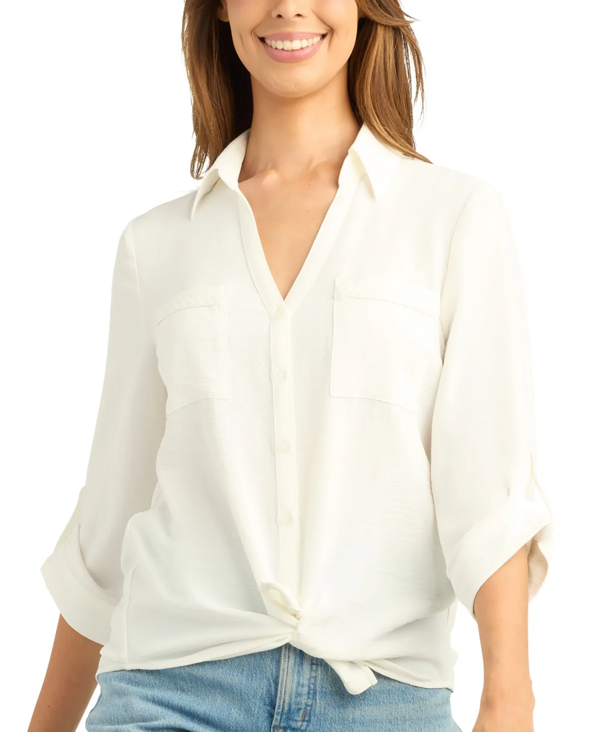Airflow 3/4-Sleeve Button-Front Tie-Front Shirt by Bcx