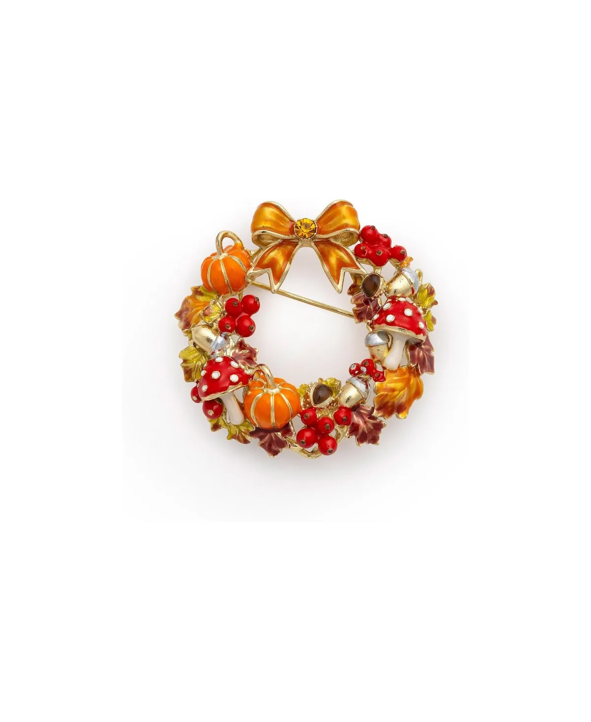 14ct Gold-Plated Hand-Painted Enamel Autumn Wreath Brooch by Bill Skinner Studio