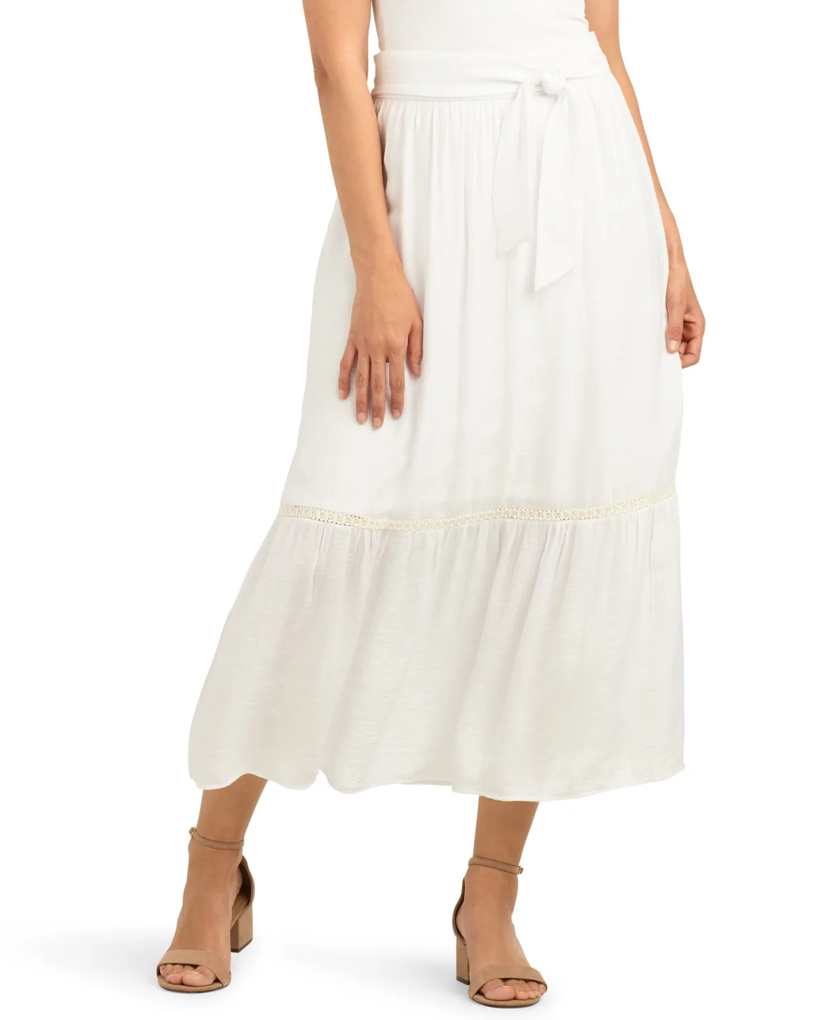 Texture Gauze Tie-Waist A-Line Tiered Midi Skirt by Bcx