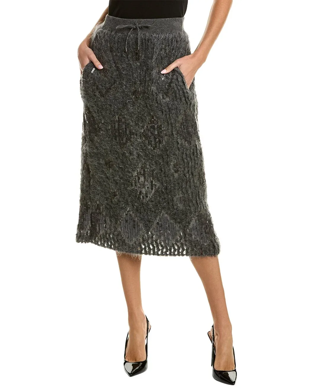 Sequin-Trimmed Wool Knit Skirt by BRUNELLO CUCINELLI
