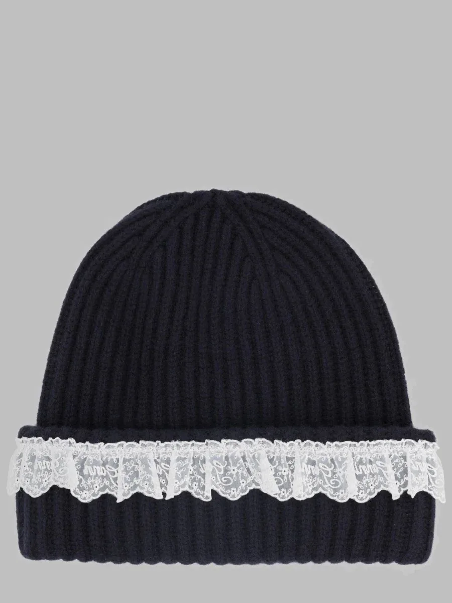 Wool with Lace Trim Beanie by Ganni