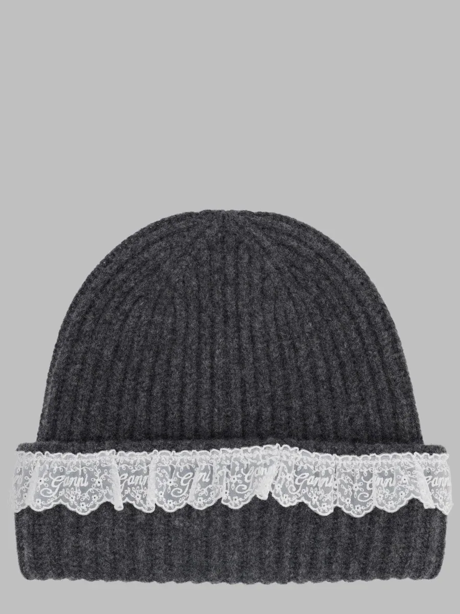 Ribbed Wool with Lace Trim Beanie by Ganni