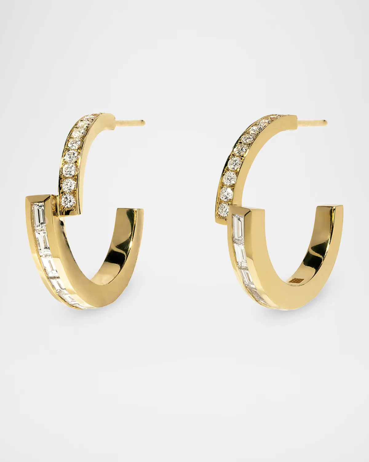 18K Pave and Baguette Diamond Hoop Earrings