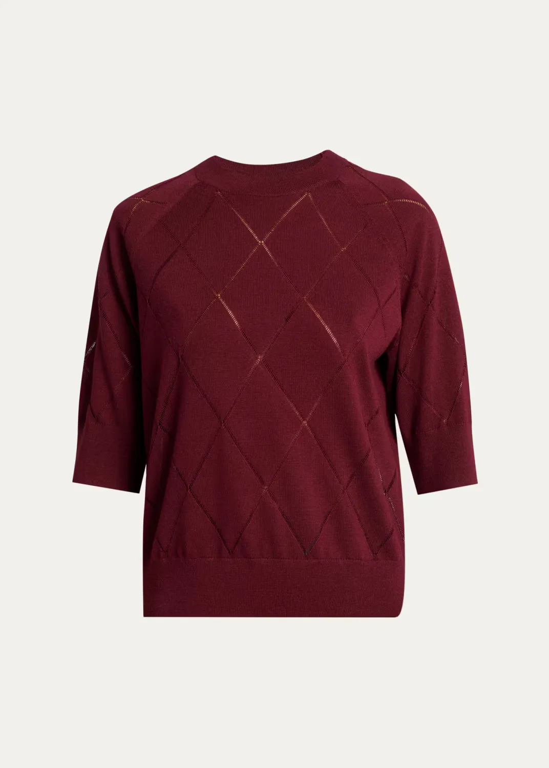 Diamond Knit Elbow-Sleeve Crewneck Sweater