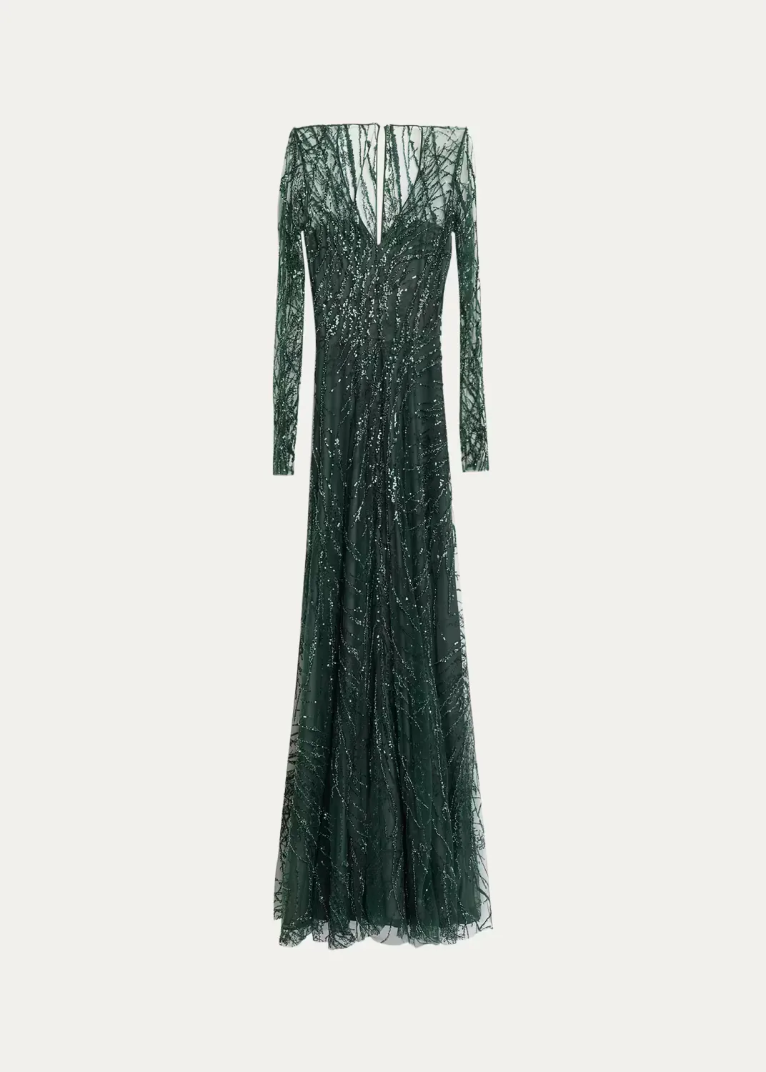 Long-Sleeve Beaded Tulle A-Line Gown