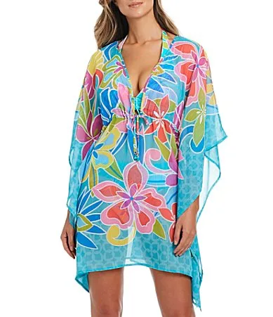 Barcelona Bloom Floral Chiffon V-Neck Caftan Swim Cover-Up