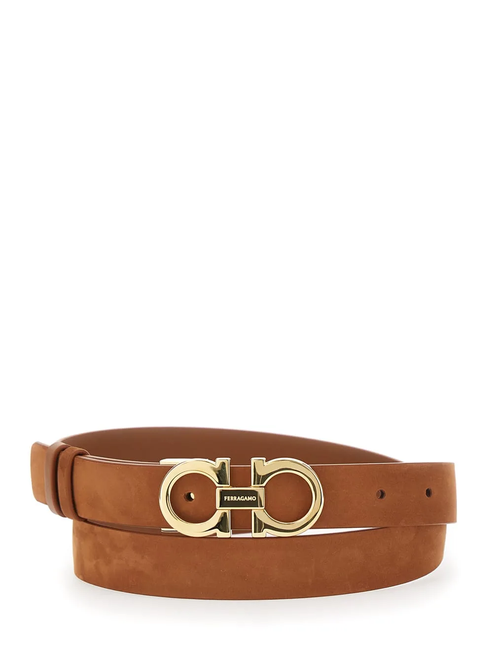 Brown Belt With Gancini Buckle On The Front In Suede Woman
