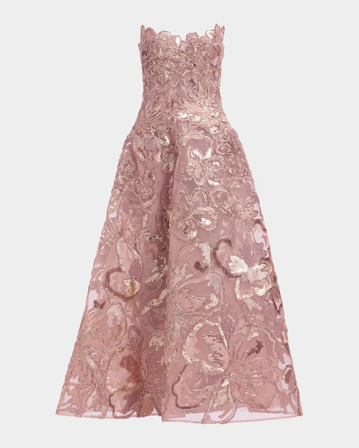 Strapless Floral Sequined Tea-Length Gown