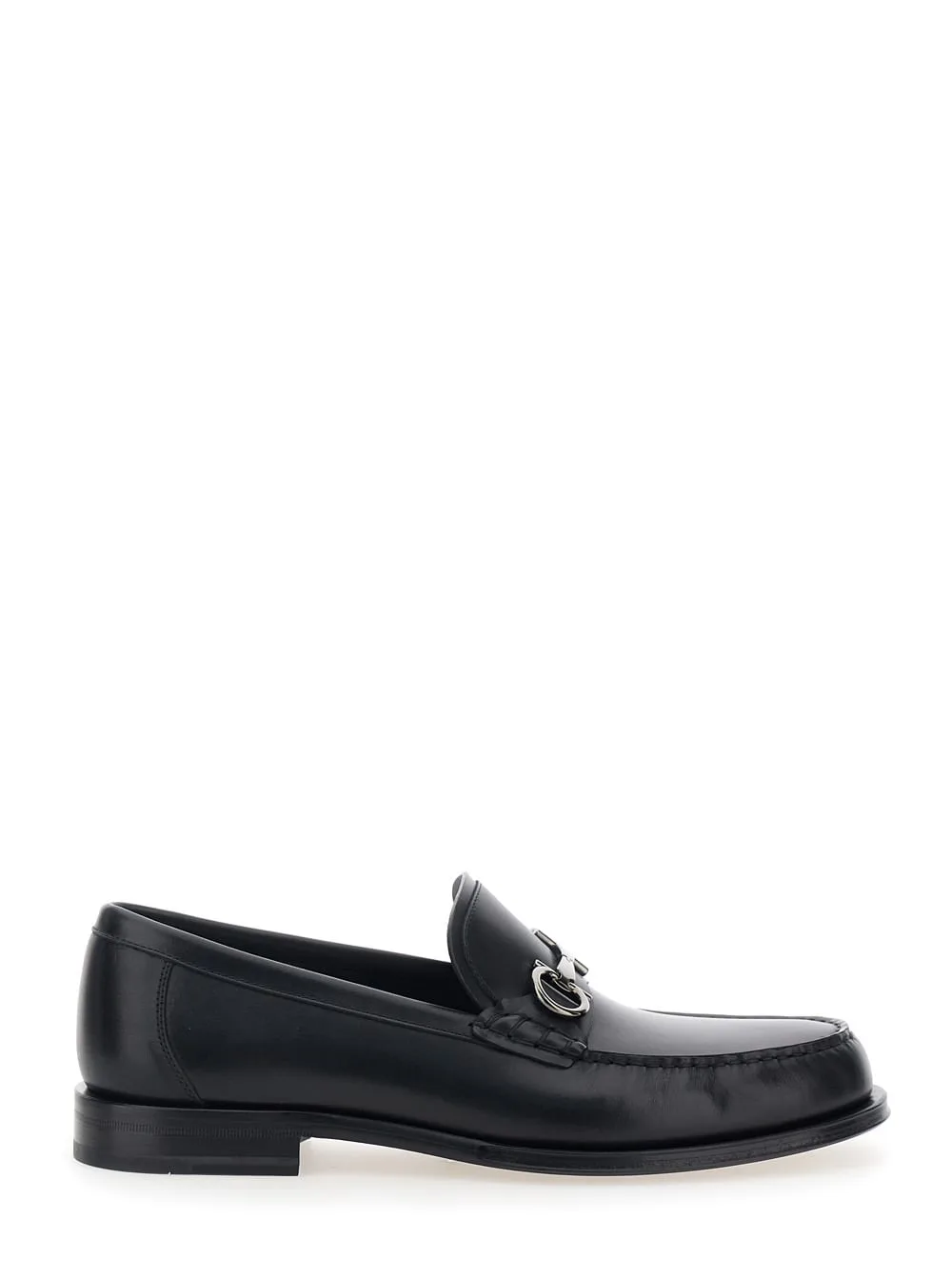 Black Loafers With Gancini Metal Detail On The Front In Leather Man
