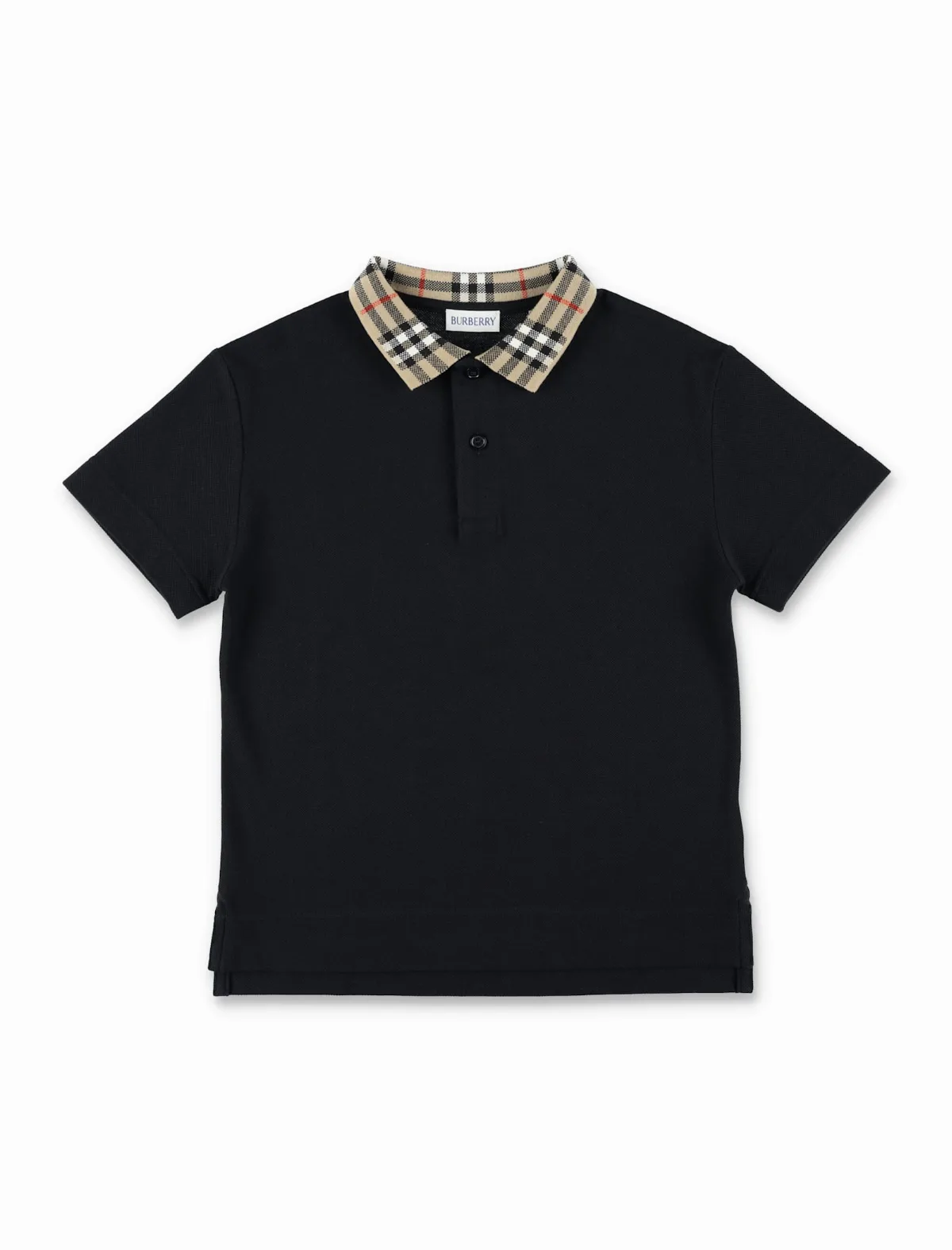 Black Cotton Polo With Check Collar For Kids