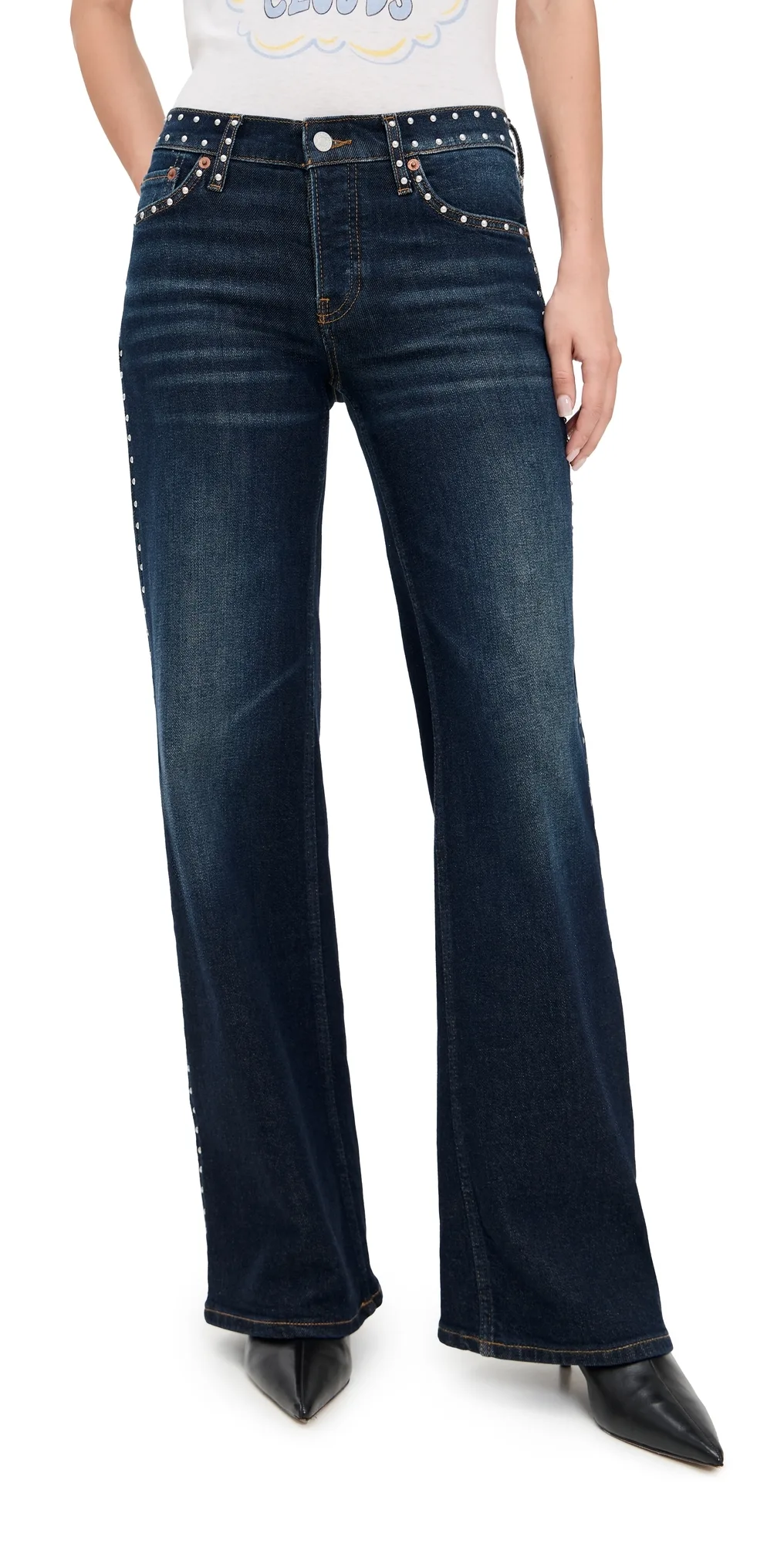 Studded Mid Rise Wide Leg Jeans