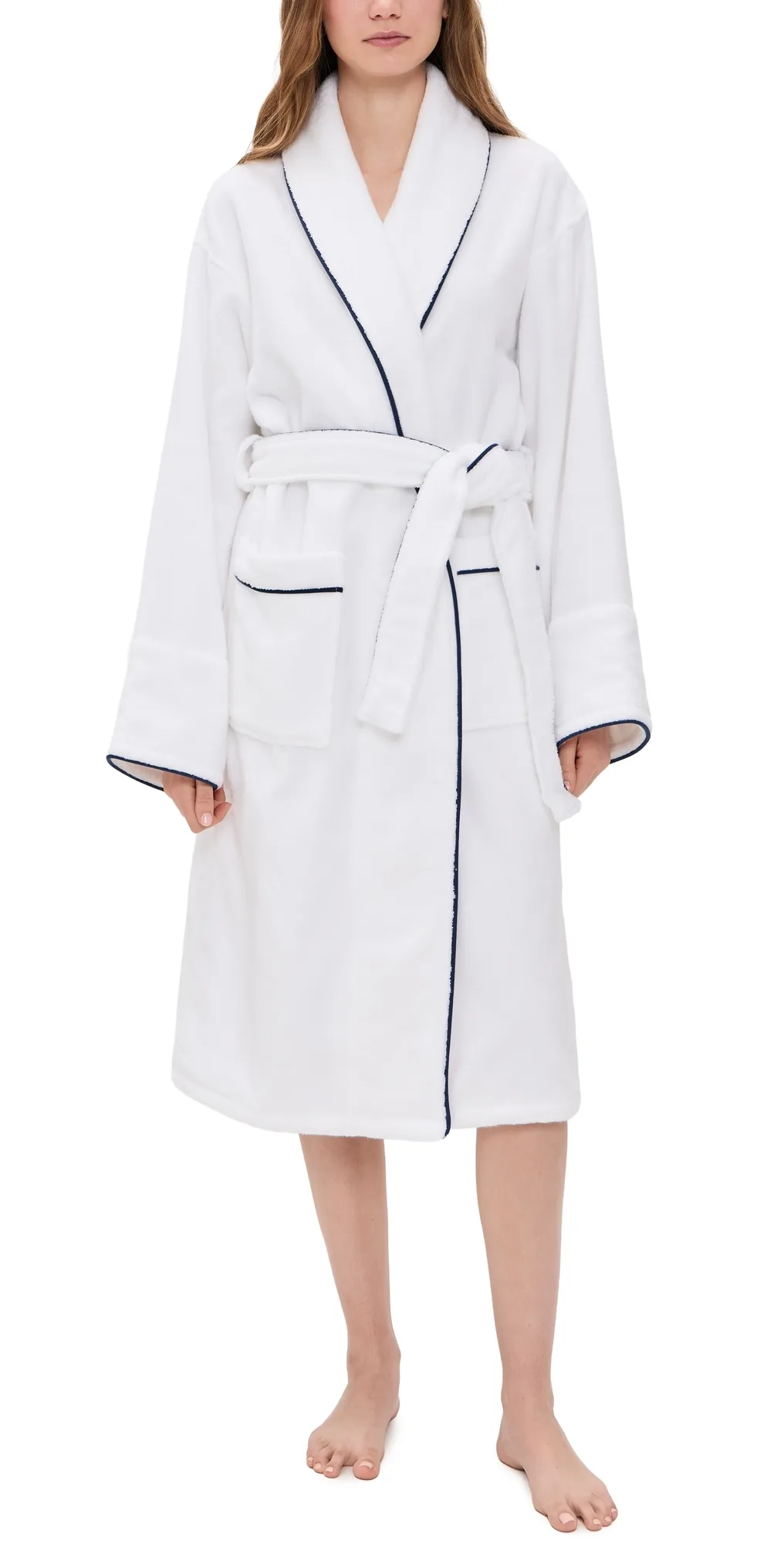 Unisex Luxe Terry Robe in White with Navy Piping
