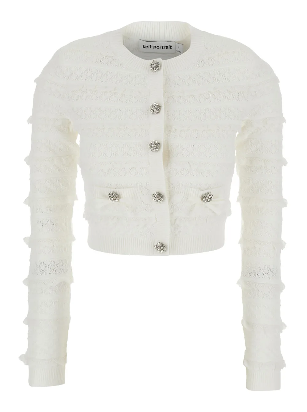 Cardigan white Pointelle Diamante With Long Sleeves In White Knit For Women