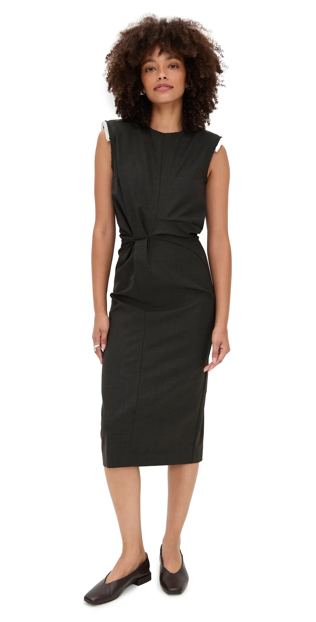 Wool Blend Sleeveless Midi Dress with Frayed Shoulder