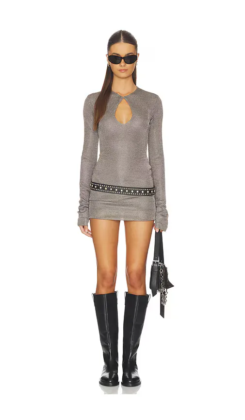 Calantha Long Sleeve Mini Dress in Metallic Silver.