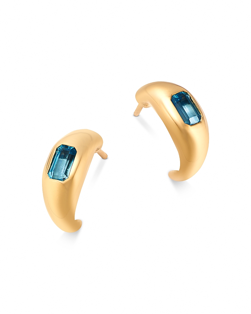 Swiss Blue Topaz Bold Gold J-Hoop Earrings in 14K Yellow Gold