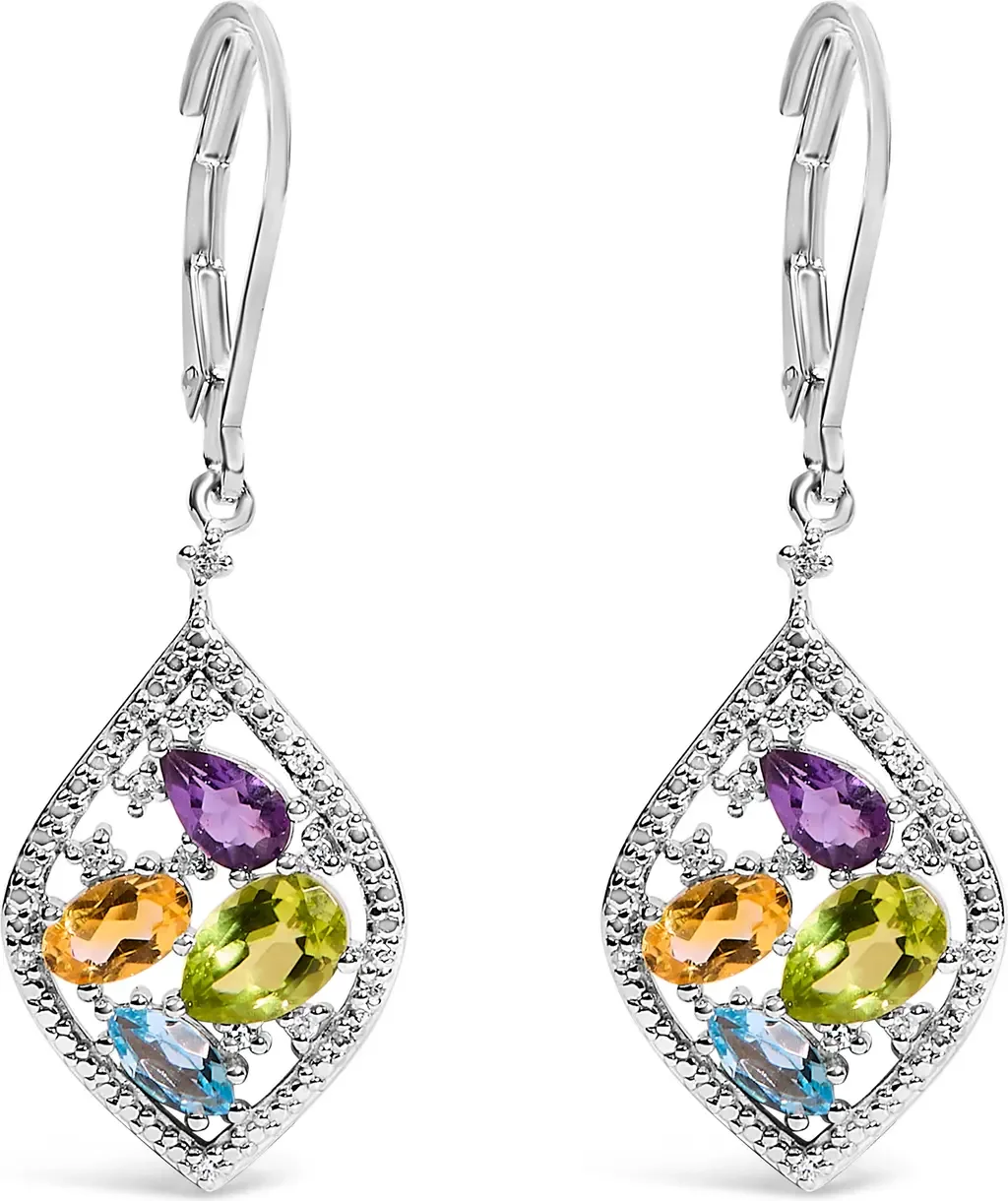 Sterling Silver Diamond Accent Multi Stone Rhombus Drop Earrings