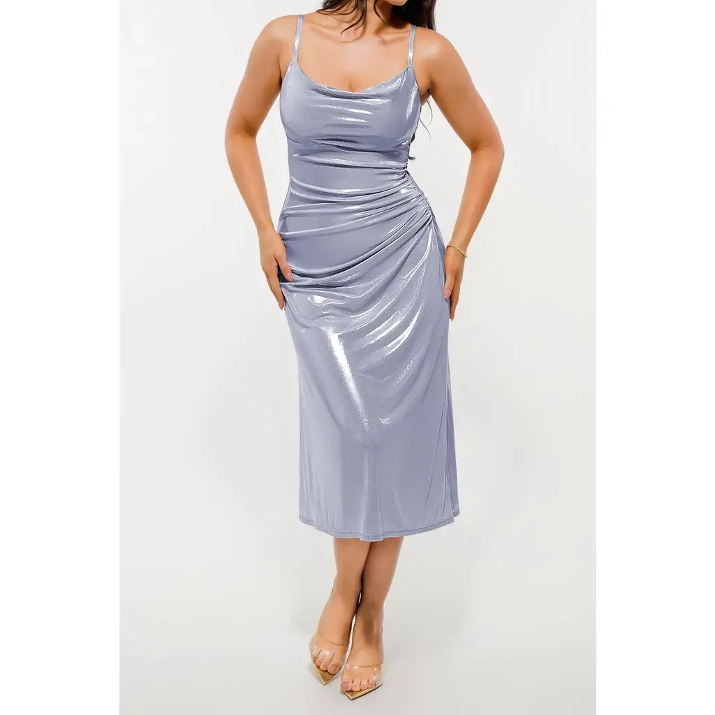 Metallic Cowl Neck Side Ruched Sculpting Midi Dress by Popilush