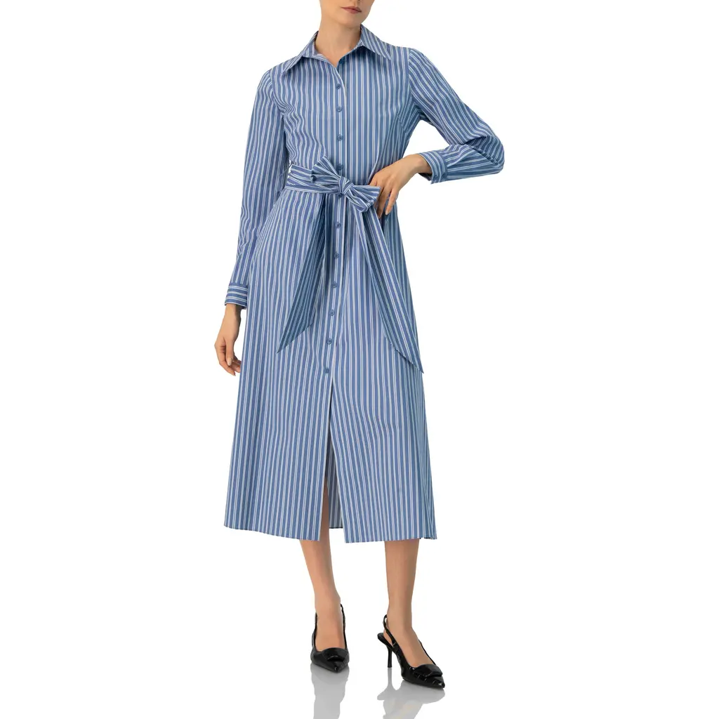 Striped Midi Collared Dress with Waist Tie