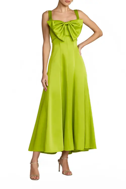 Satin Midi Dress with Bow Detail and Wide Straps