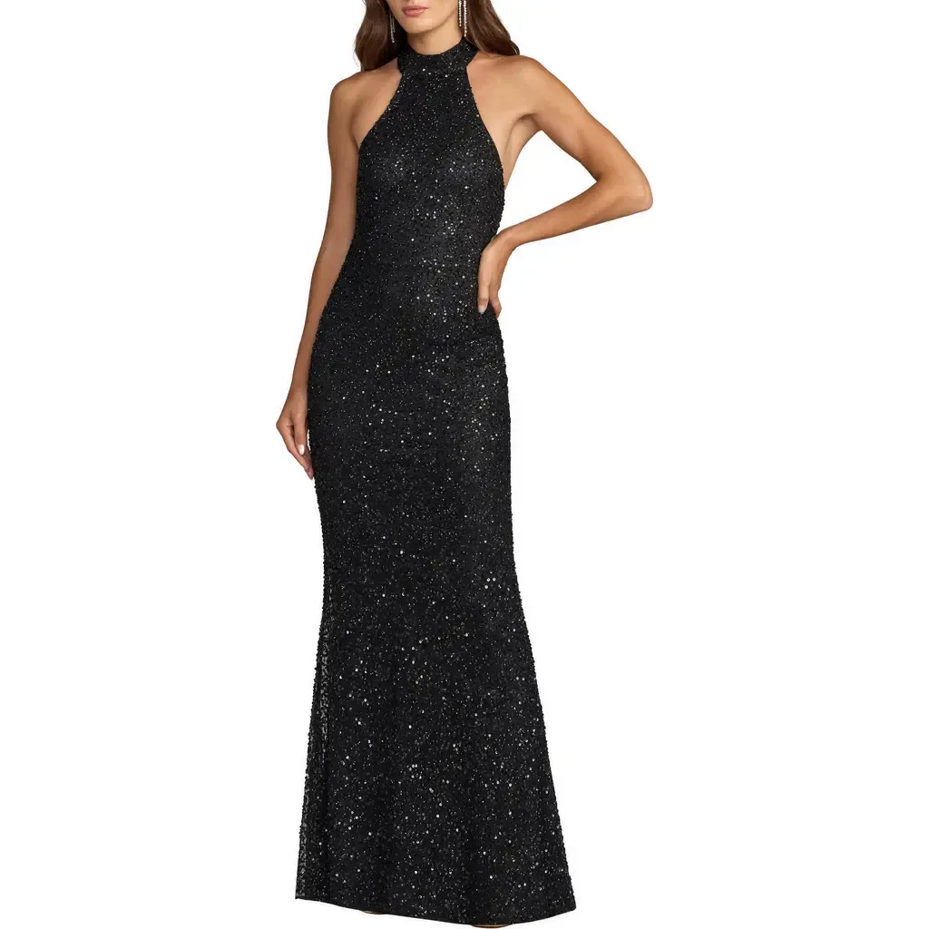 Halter Neck Open Back Beaded Column Gown