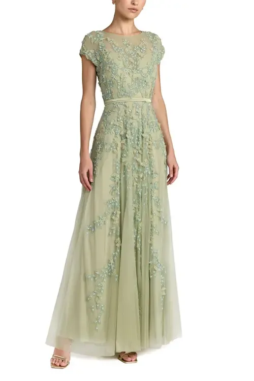Floral Embellished Short Sleeve Mesh Gown by Mac Duggal
