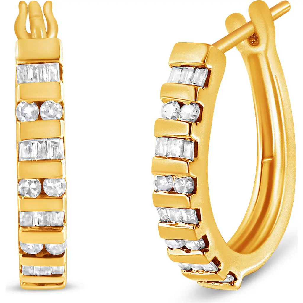 10K Gold Round and Baguette-Cut Diamond Hoop Earrings